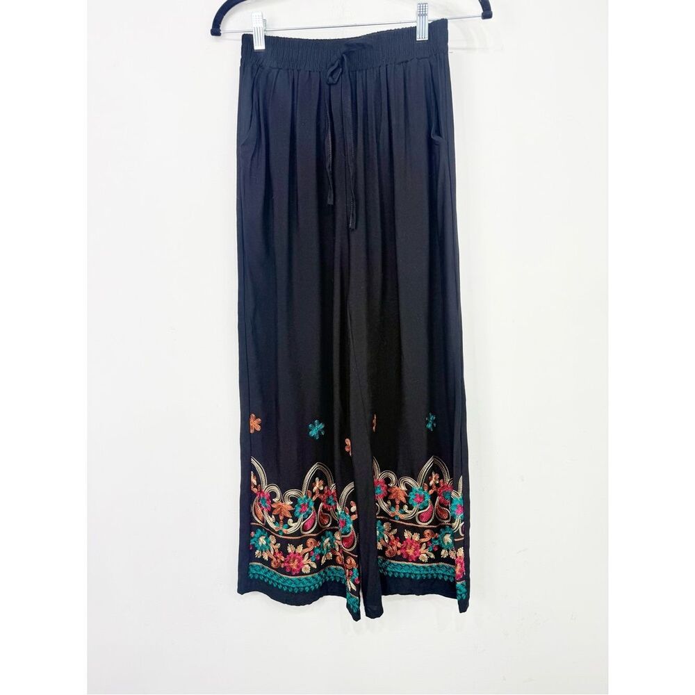 Glik's Black Colorful Embroidered Cuff 100% Viscose Boho Festival Palazzo Pant